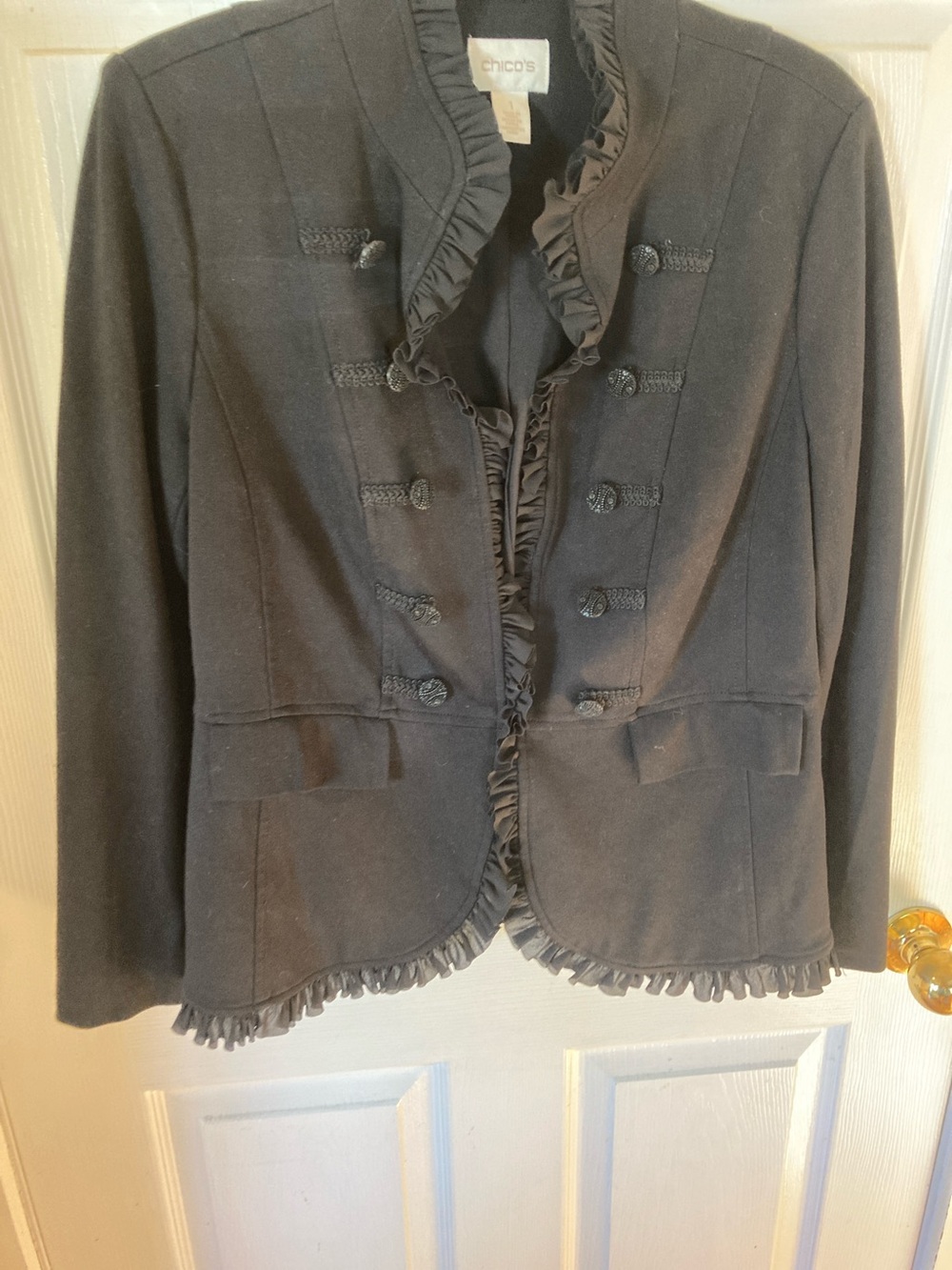 Chico's Black Ruffle-Trim Military Blazer - Picture 6 of 12